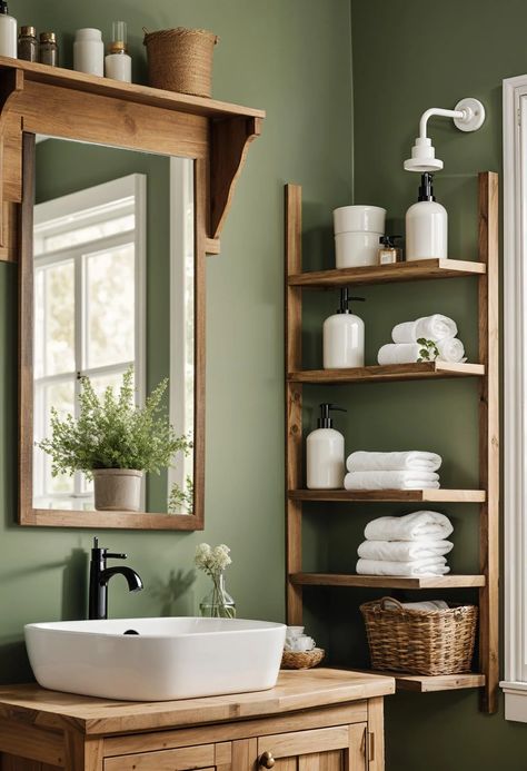 Green Bathroom Shelves, Olive Colored Bathroom, Earthy Home Aesthetic Bathroom, Pistachio Green Bathroom, Green Powder Room Vanity, Green Bathrooms Aesthetic, Sage And Wood Bathroom, Green Color Scheme Bathroom, Natural Color Bathroom Ideas