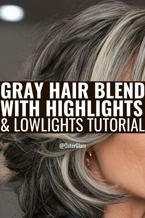 If you're looking to seamlessly blend your grays with highlights and lowlights, this tutorial is for you. Learn how to create a multi-dimensional look that softens the contrast between your natural gray hair and your base color. Discover the best techniques for applying highlights and lowlights to achieve a natural, blended result that will leave you feeling confident and embracing your gorgeous gray hair. How To Do Lowlights At Home, Medium Grey Hair Over 50, Gray Highlights Brown Hair Over 50, Grey Transition Hair Highlights, Gray Hair With Lowlights Over 50, Blending Greys Into Brown Hair, Blending Gray Hair With Blonde, Growing Out Gray Hair Blending, Grey Hair With Brown Lowlights