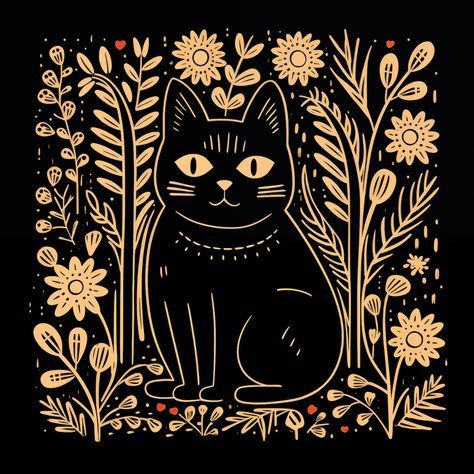 The black cat with a big grin sits in the middle of a gold-shining meadow. Lino cut. Linocut Printmaking, Lino Art, The Black Cat, Scratch Art, Lino Cut, Linocut Art, Black Cat Art, Lino Print, Linoleum