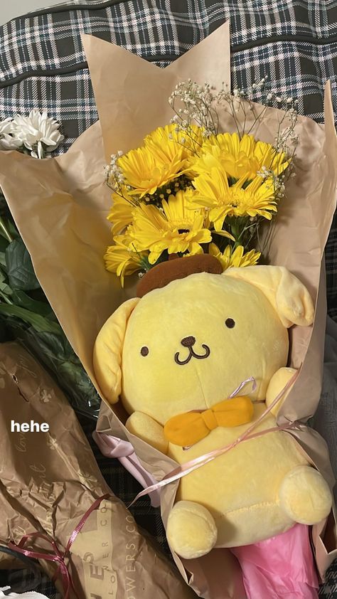 Sanrio Bouquet Aesthetic, Pompompurin Gift Ideas, Plushie Bouquet Aesthetic, Pompompurin Bouquet, Pompompurin Crafts, Pompompurin Plushies, Pompompurin Birthday, Regalo Aesthetic, Birthday Wishlist Aesthetic