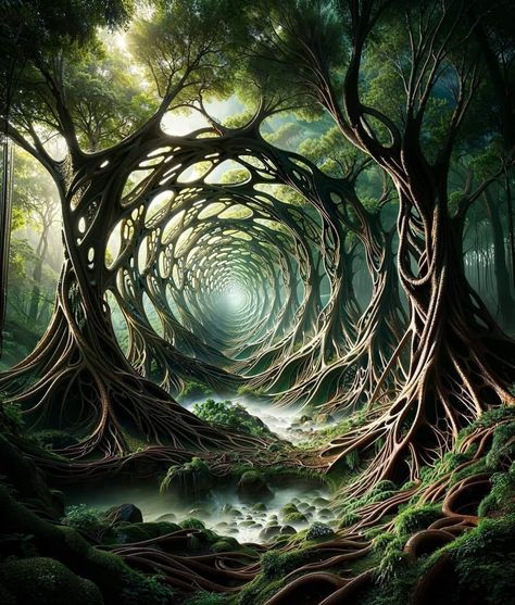 Lord Of The Rings Forest, Feywild Art, Dnd Portal, Fantasy World Forest, Fey Forest, Nature Fantasy Art, Forest Mural, Magical Tree, Fantasy Forest