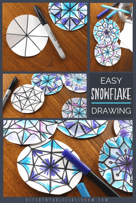 This step by step snowflake drawing tutorial will help you draw super intricate looking snowflakes one line at a time. A unique marker process adds color! Easy Snowflake, Snowflake Art, Classe D'art, Winter Art Lesson, Snowflakes Drawing, Art Project For Kids, Christmas Art Projects, Winter Art Projects, 4th Grade Art