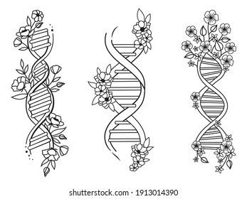 Matching Dna Tattoos, Kinesiology Tattoo Ideas, Genetics Tattoo Ideas, Floral Dna Tattoo, Dna Flower Tattoo, Biochemistry Tattoo, Genetics Drawing, Dna Helix Tattoo, Science Tattoos Biology