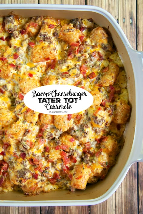 Bacon Cheeseburger Tater Tot Casserole | Plain Chicken® Bacon Cheeseburger Casserole Tater Tots, Bacon And Hamburger Recipes, Easy To Chew Meals, Cheeseburger Boats, Cheeseburger Hotdish, Tater Casserole, Bacon Cheeseburger Tater Tot Casserole, Casserole Hamburger, Fall Casseroles