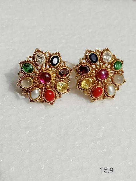 Navratan Earrings Studs, Navaratna Earrings Gold, Nakshi Studs, Navaratna Earrings, Navratna Earrings, Navratan Earrings, Navaratna Jewellery, Coral Jewelry Set, Indian Wedding Jewelry Sets