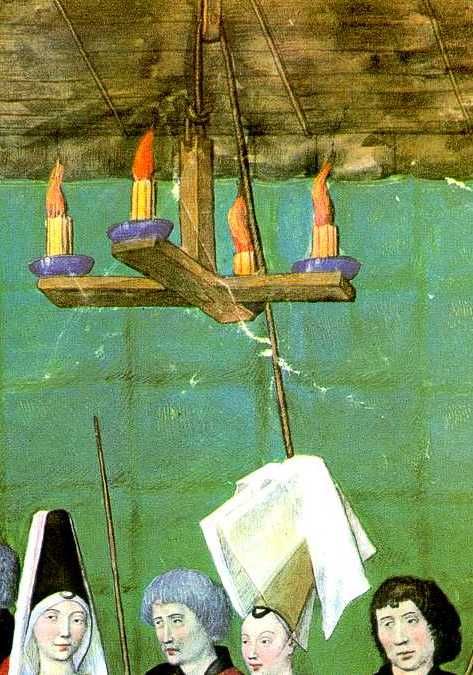 Presenting the prize to the victor in the Tournament-Book of King René d'Anjou, 15 c, detail Candle Latern, Medieval Candle, Medieval Camp, Medieval Camping, Medieval House, Medieval Furniture, Period Lighting, Camping Inspiration, Medieval Houses