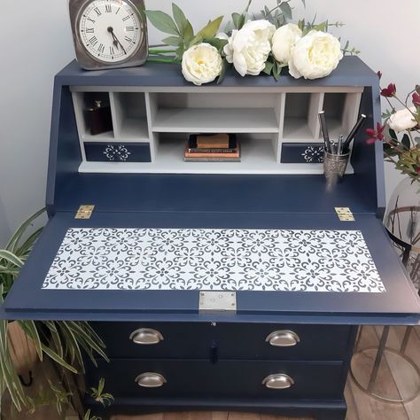 Industrial Midnight Blue Bureau Writing Desk – Upcycle Arcade Bureau Upcycle, Desk Upcycle, Vintage Cupboards, Desk Redo, Working Office, Furniture Upcycling, Home Working, Upcycled Furniture Diy, Painted Desk