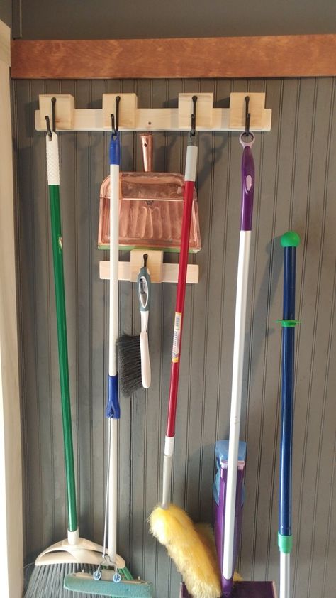 My husband also made a French cleat style hanging system for my brooms and mops Store Brooms And Mops, Hanging Mops And Brooms Laundry Rooms, Hanging Brooms And Mops Ideas, Organizing Brooms And Mops, Where To Hang Brooms And Mops, Wooden Mop And Broom Holder, Mops And Brooms, French Cleat, Brooms