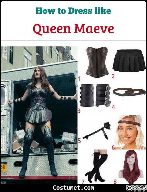 Queen Maeve costume is a brown leather corset, short leather Roman skirt, leather arm guards, a leather arm band, a head band, and thigh high boots.           #TheBoys #female #tv #superhero #comics #redhead #queen #Greek #TheBoys Queen Maeve Costume, Brown Leather Corset, Queen Maeve, Redhead Queen, Gladiator Costumes, Heroes Tv Series, Arm Guards, Black Thigh High Boots, Dark Red Hair