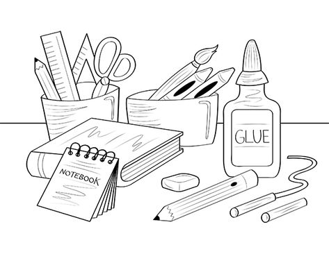 Free printable school supplies coloring page. Download it at https://museprintables.com/download/coloring-page/school-supplies/ School Things Drawing, Volkswagen Drawing, School Supplies Coloring Pages, School Supplies Drawing, Nike Photoshoot, College Drawing, Kindergarten School Supplies, College School Supplies List, Stationery Drawing