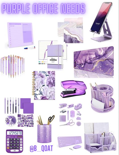 Purple Home Office Decor, Lavender Office Ideas, Purple And Grey Office Ideas, Office Decor Purple, Lavender Office Decor, Black And Purple Office, Pink And Purple Office Aesthetic, Lilac Desk Setup, Purple Home Office Ideas