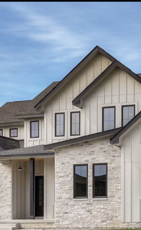 Taupe House Black Windows, Exterior Gable Ideas, Warm White Exterior House Colors, Home Exterior Material Options, Exterior Home Colors 2024, New House Building Ideas, Horizontal Siding Exterior, Farmhouse Exterior Stone, Shake Siding Exterior