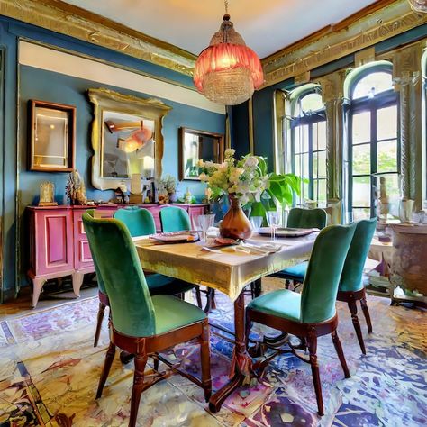 Amazing Dining Rooms, Green And Pink Dining Room, Colorful Dining Room Ideas, Maximalist Dining Rooms, Turquoise Dining Room, Beach Dining Room, Purple Dining Room, Pink Dining Rooms, Dining Room Pictures