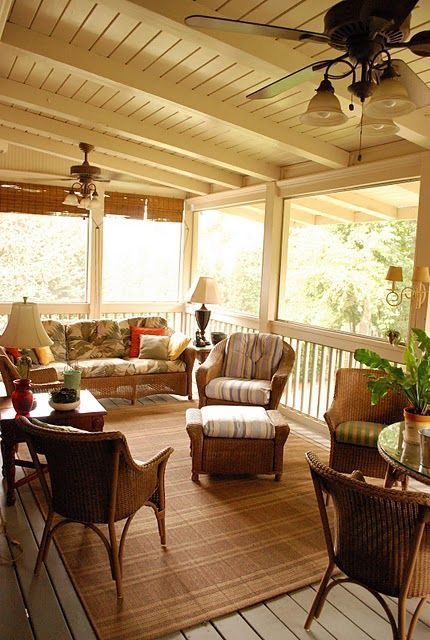 I like the painted ceiling on this porch.  It really brightens things up. Need to try this on our porch. Screened Porch Decorating, Porch Kits, Koti Diy, Screened Porch Designs, Balkon Decor, Porch Life, Building A Porch, House With Porch, Porch Design