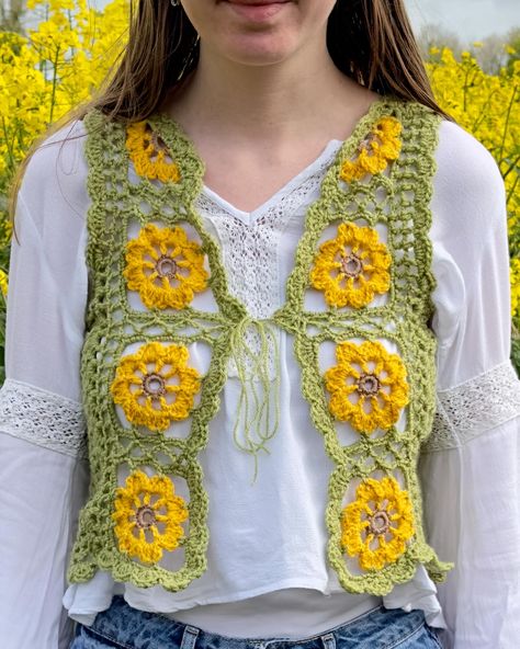 I had the pleasure of pattern testing @femmescrochet ‘s ‘sinneblom vest’ and love how it turned out🌼such a great pattern for a quick and easy project🌿follow femek’s page for updates on when the pattern will be released🌱 #crochetinspiration #crochet #patterntest #hippie #crochetlover  #70s #smallbusiness #handmadewithlove #sunflower #crochetsunflower #crochetvest #crochetwaistcoat Crochet 70s Vest, 70s Crochet, Crochet Waistcoat, Hippie Crochet, Crochet Sunflower, Crochet Inspo, Crochet Fashion Patterns, Crochet Lovers, Crochet Vest