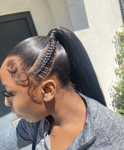 Ponytail With 2 Braids, Mid Ponytail, Black Kids Braids Hairstyles, Slick Ponytail, 2 Braids, Weave Ponytail Hairstyles, Sleek Ponytail Hairstyles, Classy Hairstyles, Big Box Braids Hairstyles