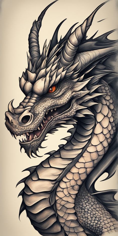 Dragons Front View, Black And Gray Dragon Tattoo, Dragon Face Drawing Front View, Dragon Skeleton Drawing, Dragon Drawing Ideas Simple, Dragon Drawing Color, Dragon Scales Drawing, Dragon Painting Acrylic Easy, Dragon Ink Drawing