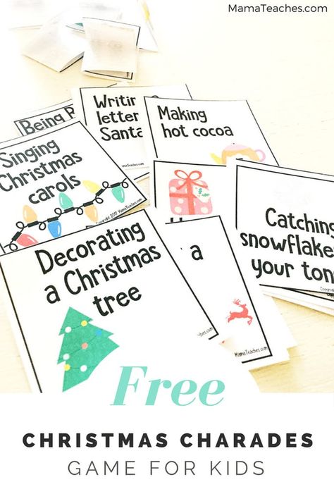 Printable Christmas Charades Game for Kids - Mama Teaches Holiday Charades For Kids, Kids Christmas Charades Free Printable, Elementary Christmas Games, Christmas Games For The Classroom, Christmas Charades Printable Free, Christmas Charades For Kids, Xmas Games For Kids, Mac Christmas, Christmas Charades Game