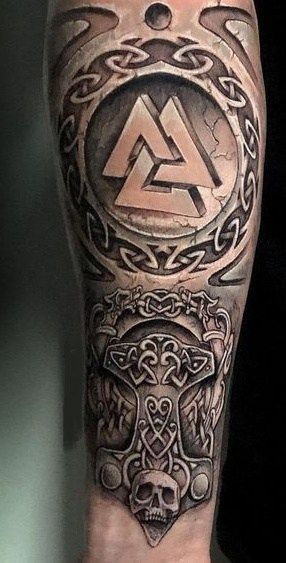 Irish Tattoos For Men Traditional, Viking Mjolnir Tattoo, Irish Viking Tattoos For Men, Norse Forearm Tattoo, Viking Arm Tattoo For Men, Viking Tattoos For Men Warriors, Scandinavian Tattoo Vikings, Viking Forearm Tattoo Men, Norse Sleeve Tattoo