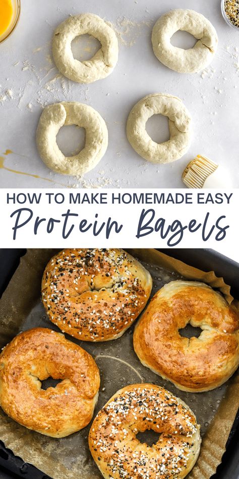 You can make protein bagels right at home with just 3 simple main ingredients. These bagels have 10 grams of protein each and are made with cottage cheese, flour, and baking powder. They come together quickly and can be made in the air fryer or oven. Great for breakfast or lunch any day of the week! Customize the toppings or make them gluten-free! 3 Ingredient Gluten Free Bagels, Baking For The Week, Gluten Free High Protein Bagels, Good Simple Recipes, Diet Friendly Recipes, Lowfat Cottage Cheese Recipes, Protein Snacks Air Fryer, Protein Bagel Sandwich, Air Fryer Cottage Cheese Bagels