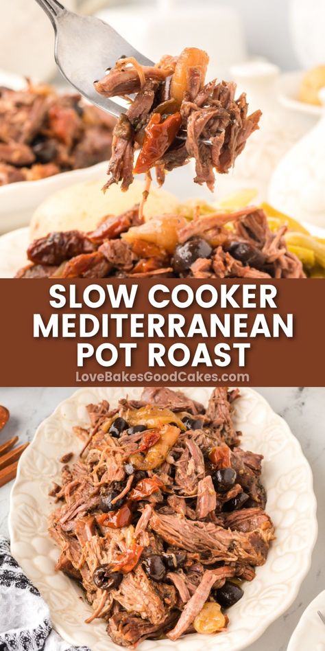 Slow Cooker Mediterranean Pot Roast pin collage Slow Cooker Mediterranean, Slow Cooker Pot Roast Recipes, Crockpot Roast Recipes, Delicious Veggies, Slow Cooker Roast, Crockpot Roast, Pot Roast Slow Cooker, Pot Roast Recipes, Best Slow Cooker