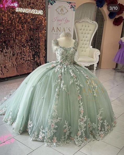 Quince Fairy Dress, Pastel Green Sweet 16 Dresses, Sage And Pink Quince Dress, Dress Quinceanera Green, Soft Green Quinceanera Dresses, Sage Dress Quinceanera, Green Dresses For Quinceanera, 15 Dresses Quinceanera Sage Green, Sage Green Ball Gown Dresses