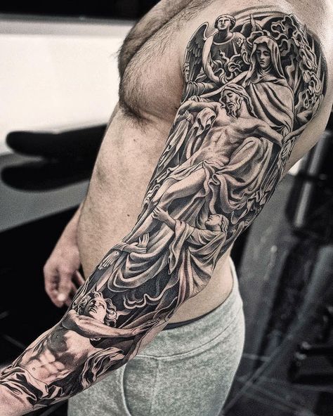 Sculpture Tattoo Sleeve, Jesus Tattoo Sleeve, Religious Tattoo Sleeves, Sculpture Tattoo, Angel Sleeve Tattoo, Christus Tattoo, Christian Sleeve Tattoo, Heaven Tattoos, Hyper Realistic Tattoo