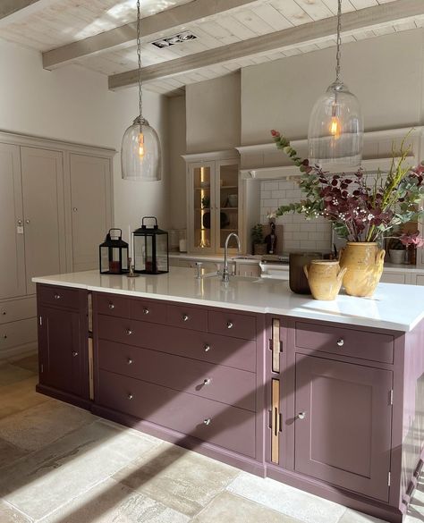 Neptune on Instagram: “Light on dark. A wash of sunlight on our new autumnal Clove takes it from a sultry and decadent plum to a warm neutral. Different planes of…” Purple Kitchen Cabinets, Kitchen Cupboard Colours, Plum Kitchen, Purple Cabinets, Neptune Home, Neptune Kitchen, Kitchen Cost, Colourful Kitchen, Bespoke Kitchen Design