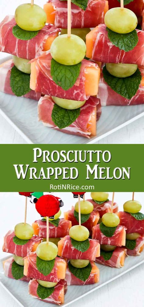 Prosciutto Wrapped Melon – an easy no-cook sweet salty appetizer perfect for the holidays. Use decorative food picks to make a fun and lovely presentation. | RotiNRice.com #prosciutto #melon #appetizerrecipes Procuitto Melon Appetizer, Procutto Wrapped Melon, Df Appetizers, Melon And Proscuitto, Proscuitto Appetizers, Prosciutto Appetizer, Prosciutto Melon, Feta Bites, Italian Appetizers Easy