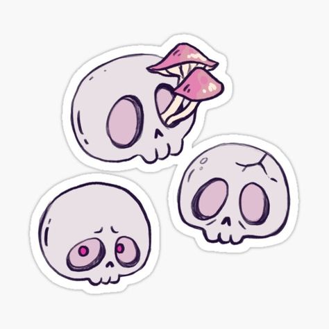 Cute Skulls Drawing, Cute Skull Doodle, Creepy Cute Stickers, Skull Drawing Cute, Cute Skull Illustration, Cartoon Skeleton Drawing, Cute Skull Drawing, Skull Character Design, Bones Artwork