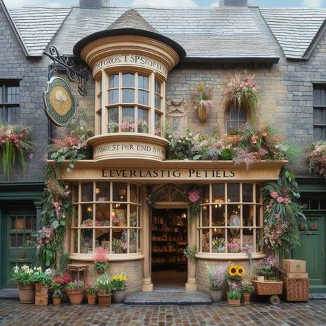 Cottage Bakery Exterior, Flower Shop Building, Cozy Cafe Exterior, Bookstore Exterior, Cottage Reference, Bookstore Design, Victorian Village, Apartment Exterior, Shop Facade