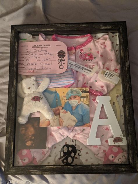 Ivf Shadow Box Ideas, Newborn Shadow Box Girl, Newborn Shadow Box Ideas, Baby Shadow Box Ideas, Newborn Shadow Box, Baby Memorabilia, Newborn Baby Hospital, Shadow Box Ideas, Gender Reveal Baby Shower Themes