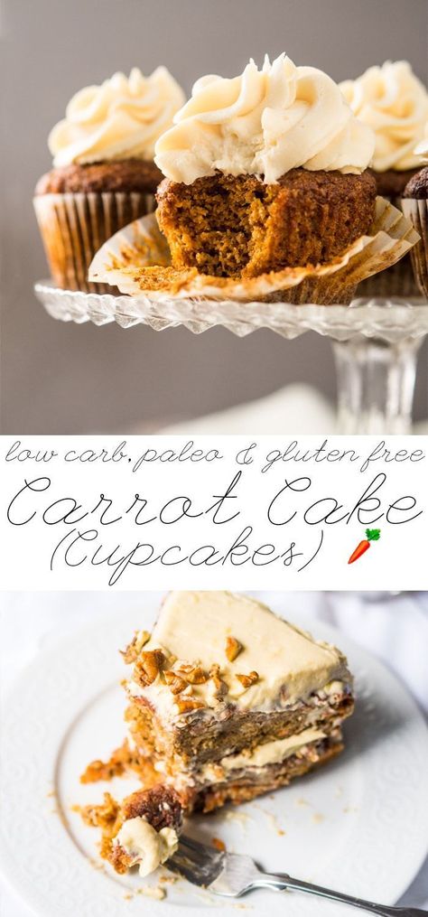 Gluten Free, Paleo & Low Carb Carrot Cake (or Cupcakes!) Ridiculously tender, moist and just 3g net carbs! #lowcarb #glutenfree #paleo #healthyrecipes #keto #ketodesserts #lowcarbdesserts #carrotcake #cupcakes Gluten Free Carrot Cake Cupcakes, Carrotcake Cupcakes, Low Carb Carrot Cake, Low Carb Cupcakes, Flaxseed Meal, Keto Cupcakes, Low Carb Backen, Gluten Free Carrot Cake, Bolo Fit