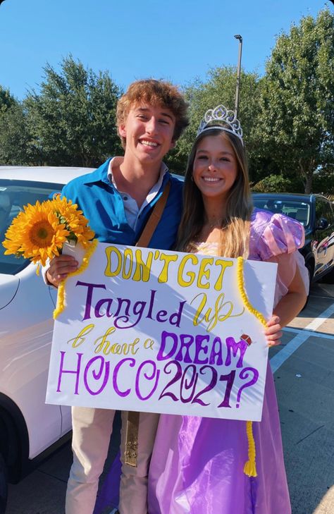 Hoco Tangled Proposals Ideas, Tangled Themed Hoco Proposal, Rapunzel Themed Hoco Proposal, Tangled Inspired Hoco Proposal, Repunzel Prom Proposal, Tangled Hoco Poster, Finding Nemo Hoco Proposals, Girl Asking Guy To Prom Ideas, Tangled Hoco Proposal Best Friends