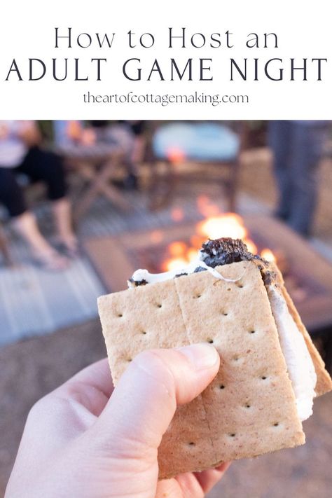 A hand holds a s'mores in front of an outdoor patio for the end of an adult game night. Adult Game Night, Adult Games, Food Drinks, Own Home, Have Some Fun, Game Night, Some Fun, Dinner Party, Drinks