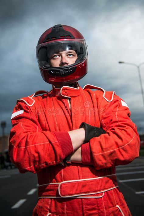 Racer Helmet, Racer Suit, Car Racer Outfit, Race Car Driver, Racer Outfit, Racing Photoshoot, Nascar Racers, Jacket Drawing, Red Motorcycle