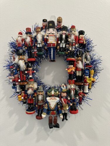 13” Handmade Christmas Ornament Wreath Vintage-Kitsch-Nutcracker  | eBay Vintage Christmas Wreath, Nutcracker Wreath, Vintage Ornament Wreath, Blue Garland, Nutcracker Christmas Decorations, Vintage Nutcrackers, Kitsch Christmas, Christmas Ornament Wreath, Vintage Kitsch