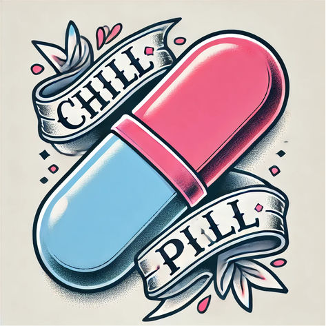 #chillpill #tattoostyle #capsuleart #vibrantcolors #pinkandblue #retrodesign #tattooart #vintagevibes #modernstyle #uniqueillustration #boldgraphic #popartdesign #trendyaesthetic #bannerdesign #colorfulart #tattooinspired #edgylook #boldtattoo #vintagestyle #artprint #creativeillustration #graphictee #coolart #pillsymbol #artisticdesign #trendystyle #tattoovibes #retroart #uniqueartwork #chillgraphic Stay Spicy Tattoo, Chill Pill Tattoo, Pill Bottle Tattoo, Pink Traditional Tattoo, Pill Tattoo, Pill Art, Xmas Tattoo, Retro Banner, Retro Tattoos