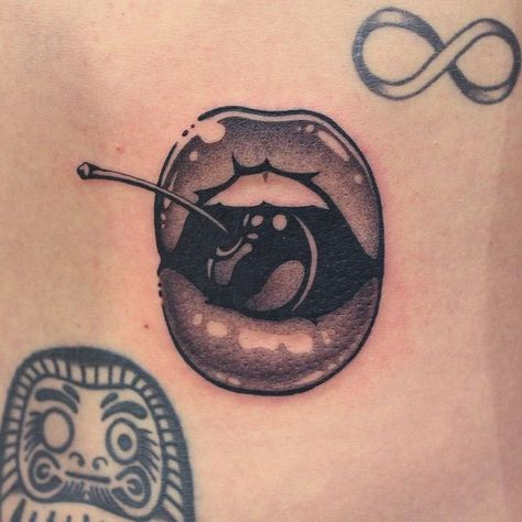 Lips With Cherry Tattoo, Cherry In Mouth Tattoo, Tattoo Of Mouth, Tattoo Art Drawings Design, Mouth Tattoo Design, Bvb Tattoo, Lip Print Tattoos, Bite Mark Tattoo, Tattoo Art Drawings Sketches