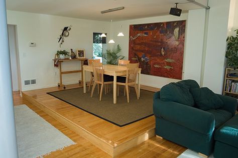 raised dining area Raised Dining Area, Raised Floor, Dining Room Floor, Floor Ideas, Dining Areas, Kitchen Area, Bonus Room, Dining And Kitchen, Staging