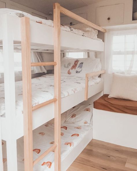 Caravan Bunk Beds, Caravan Bunks, Triple Bunks, Camper Bunk Beds, Guest House Shed, Caravan Renovation Diy, Caravan Interior Makeover, Diy Caravan, Caravan Living