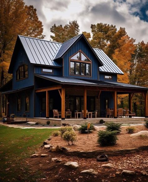 Blue Barndominium Exterior, Blue Barndominium, Barndominium Exterior Colors, Barndominium Colors, Blue Farmhouse Exterior, Woodsy House, Beautiful Houses Exterior, Mountain Home Exterior, Barn House Design