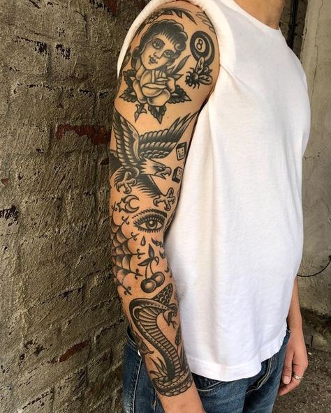 American Traditional Tattoos Tricep, Traditional Arm Sleeve Tattoo, American Traditional Tattoos Men Old School, Traditional Black Sleeve, Traditional Bicep Tattoo, Crappy Tattoos, Traditional Tattoo Upper Arm, Traditional Tattoos Men, Traditional Arm Tattoo