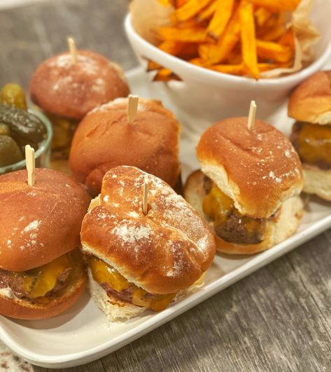 Bison Sliders Bison Sliders Recipe, Bison Sliders, Ground Bison, Bison Meat, Crispy Sweet Potato Fries, Healthy Grilled, Dill Pickle Chips, Mini Hamburgers, Crispy Sweet Potato