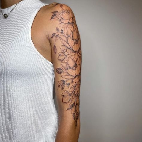 Shoulder Lotus Flower Tattoo, Lotus Flower Sleeve Tattoo For Women, Lotus Sleeve Tattoo Women, Lotus Tattoo Back Of Arm, Lotus Flower Arm Sleeve Tattoo, Lotus Flower Arm Tattoo Half Sleeves, Lotus Flower Shoulder Tattoo For Women, Lotus Flower Tattoo Bicep, Lotus Bicep Tattoo