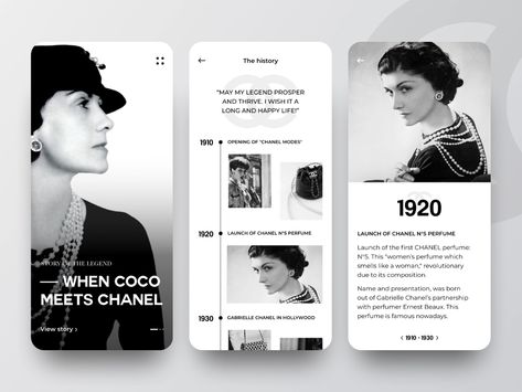 Coco Chanel Inspired Mobile App UI Design by Anastasia Eletskaya on Dribbble Chanel Branding Design, Chanel Graphic Design, Website Overlay, Chanel Presentation, Indesign Layout Inspiration, Chanel Branding, Chanel Magazine, Chanel Advertisement, Magazine Portfolio