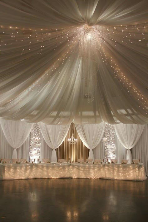 Drapes For Quince, Champagne 15 Decorations, Quince Ceiling Decorations, Venue Ceiling Decoration, Quince Hall Decorations, Banquet Hall Decorations Wedding, Champagne Quince Decorations, White Quinceanera Decorations, Champagne Quinceanera Theme Decorations