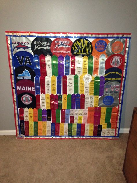 Sports ribbon display board for all of those swim ribbons :) Swim Ribbons Display Ideas, Swim Ribbon Display, Swim Cap Display, Swim Awards, Swim Ribbons, Swim Team Party, Swim Banquet, Senior Night Posters, Team Dinner