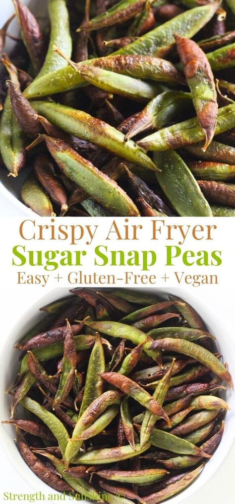 Air Fryer Sugar Snap Peas | Strength and Sunshine | These easy Air Fryer Sugar Snap Peas are a healthy and delicious side dish or snack! Air frying brings out their naturally sweet and savory flavor while making the outer pods crispy and the inner peas tender and creamy! Made with just 2 ingredients, raw snap peas, and seasoning, they're customizable and naturally gluten-free, vegan, and low-carb! Air Fried Peas, Air Fry Snap Peas, Air Fry Chic Peas, Recipes With Sugar Snap Peas, Air Fry Sugar Snap Peas, Sugar Snap Peas, Snap Peas, Easy Cooking Recipes, Soy Free