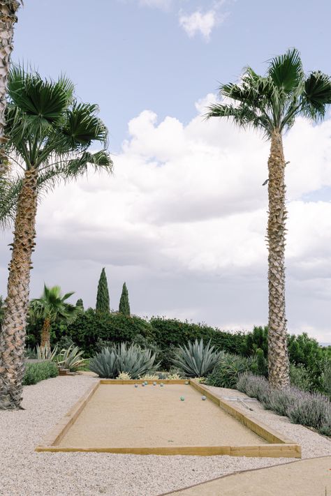 Bocce Ball Court Backyard, Joshua Tree House, Bocce Ball Court, Bocce Court, Railroad Ties, Bocce Ball, Island Vibes, Tropical Island, Tropical Islands